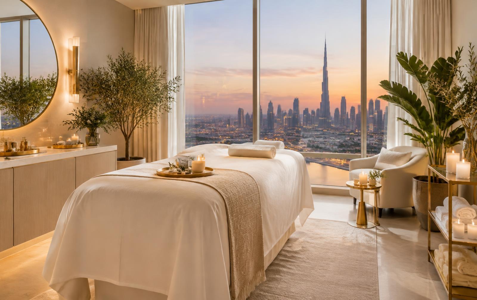 Luxury 24/7 massage room overlooking Burj Khalifa at Bella Massage Center Business Bay Dubai